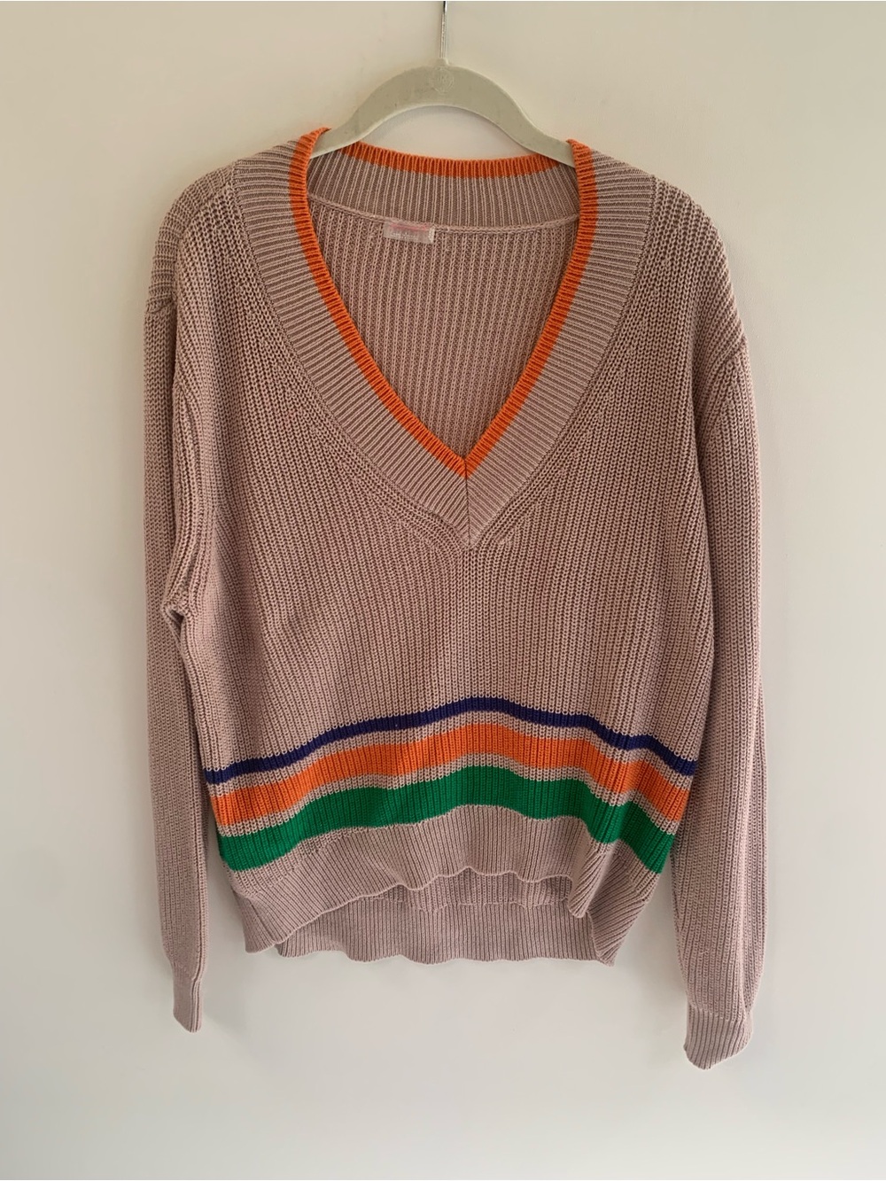 Free People Dusty Pink V-Neck Sweater with Orange Trim and Multicolor Stripes